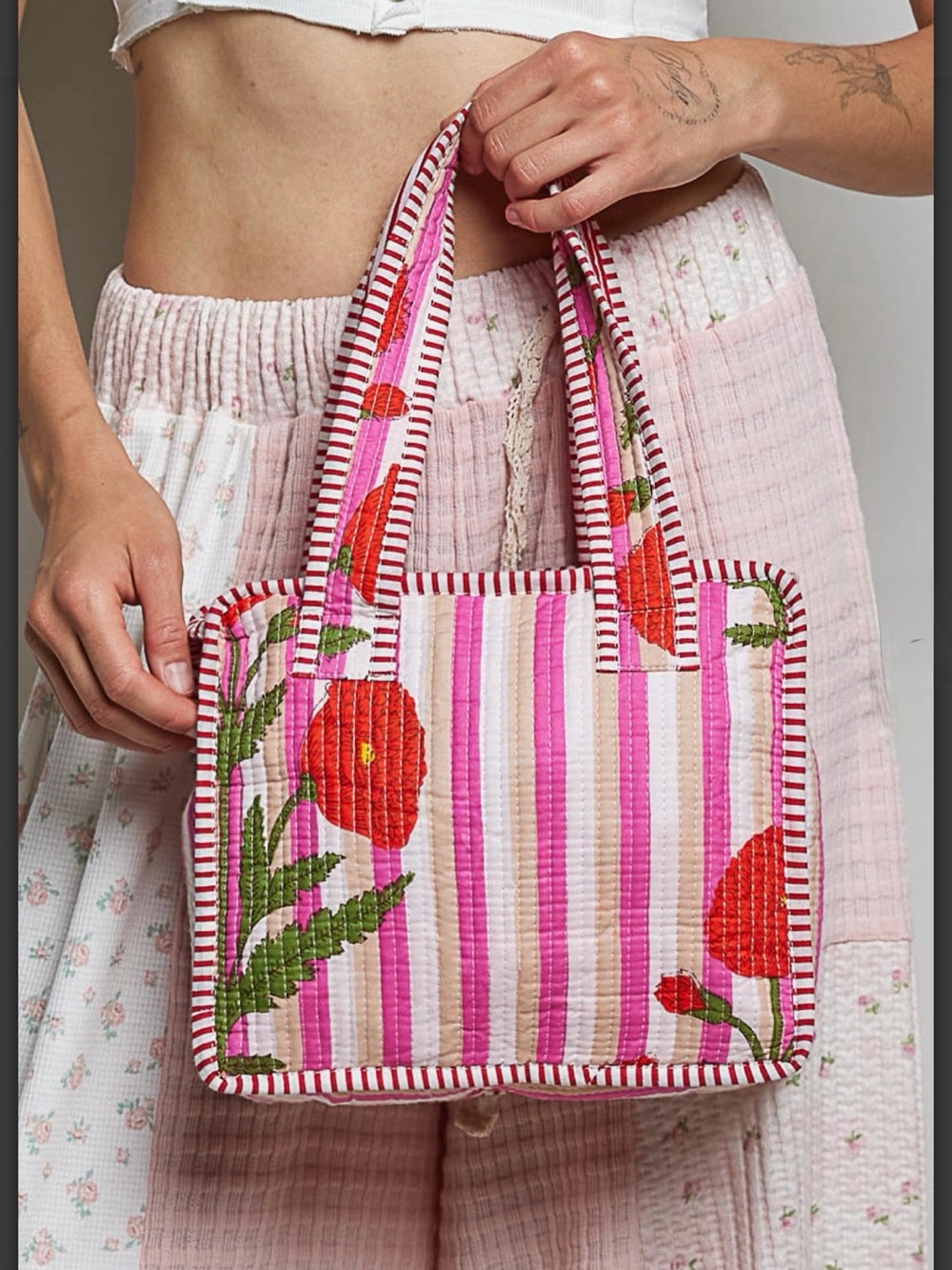 POL Pink Stripe Tote with Red Floral Embroidery